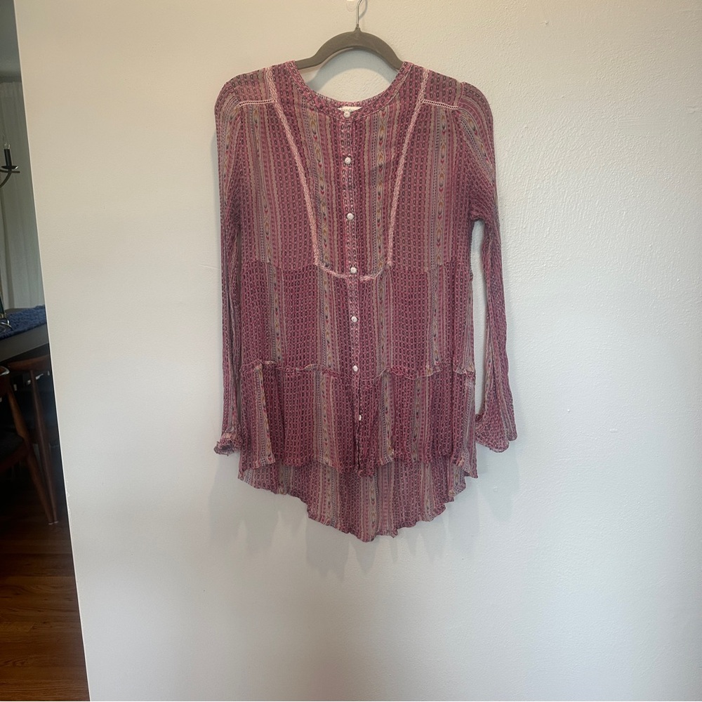 Sundance Pink Striped Sheer Boho Button-Front Peasant Blouse